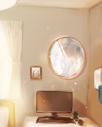  2boys ace_trappola aqua_eyes bedroom brown_hair character_doll computer creature deuce_spade grim_(twisted_wonderland) grin indoors light_particles looking_at_viewer male_focus mirror multiple_boys orange_hair short_hair smile sunlight twisted_wonderland window yuu_(twisted_wonderland) yuuki_(yukko7474) 