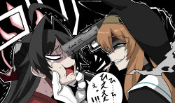  2girls absurdres aiming animal_ear_headwear animal_ears black_hair black_hat black_shirt blank_eyes blue_archive blue_eyes cat_ears cat_girl cigarette crying crying_with_eyes_open demon_girl demon_horns desert_eagle evil_grin evil_smile from_side gloves grin gun hair_between_eyes hand_on_another's_face handgun hat hellsing highres holding holding_gun holding_weapon horns kasumi_(blue_archive) long_hair looking_at_another mari_(blue_archive) multiple_girls nun open_mouth orange_hair rakku_(10219563) red_shirt sailor_collar shaded_face shirt sidelocks smile tears upper_body weapon white_gloves white_sailor_collar 