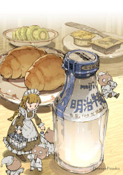  1girl apron artist_name bottle butter butter_knife commentary demizu_posuka food fruit hat highres horns jam kiwi_(fruit) maid maid_apron maid_headdress meiji_(brand) milk_bottle original plate white_apron 