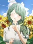  1girl closed_eyes clouds clover_hair_ornament day facing_viewer field flower flower_field green_hair hair_ornament highres index_finger_raised indie_virtual_youtuber long_hair shirt short_sleeves smile solo sumi_suya sunflower sunflower_field upper_body virtual_youtuber white_shirt 