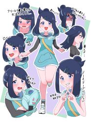  1girl black_hair blue_eyes blue_hair blush character_doll closed_mouth cowlick eyelashes hair_bun hair_ornament hairclip highres kame_san liko_(pokemon) long_hair looking_at_viewer multicolored_hair nidothing open_mouth pokemon pokemon_(anime) pokemon_horizons shirt shorts sleeveless smile 