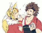  1boy 1girl animal_ears blonde_hair brown_hair closed_eyes couple eating fire_emblem fire_emblem_fates food fox_ears fox_girl hetero hotate_rayan japanese_clothes kitsune onigiri selkie_(fire_emblem) shiro_(fire_emblem) teeth upper_body upper_teeth_only 