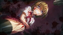 1girl akasaka_miyuki angst black_socks blood blood_on_arm blood_on_clothes blood_on_face blood_on_leg blood_splatter blurry brown_hair clenched_teeth collared_shirt crying depth_of_field dutch_angle feet_out_of_frame game_cg gun hand_on_own_arm highres higurashi_no_naku_koro_ni higurashi_no_naku_koro_ni_mei kneehighs miniskirt neckerchief non-web_source official_art one_side_up outdoors pleated_skirt red_neckerchief red_skirt red_sky scared sch shaded_face shirt short_hair short_sleeves skirt sky socks summer_uniform tears teeth violet_eyes weapon wet_lens white_shirt