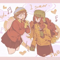  2girls absurdres anger_vein animification annoyed black_skirt blue_eyes blue_hat blush border brown_hair caramel_jiaomitang character_name chinese_commentary clenched_hand collared_jacket commentary_request cowboy_shot cup disposable_cup drinking_straw eric_cartman freckles genderswap genderswap_(mtf) gloves green_eyes green_gloves green_hat hair_between_eyes hands_up hat heart heart_background highres holding holding_cup holding_microphone jacket kyle_broflovski long_hair long_sleeves looking_at_another microphone multiple_girls music musical_note open_mouth orange_hair orange_jacket pink_border pleated_skirt pom_pom_(clothes) red_jacket short_hair singing skirt smile south_park speech_bubble standing sweatdrop teeth v-shaped_eyebrows wavy_hair white_background yellow_gloves yuri 