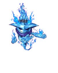  black_sclera blue_eyes blue_fire blue_hat colored_sclera digimon digimon_(creature) digimon_card_game digimon_liberator fire full_body ghost ghostmon hat no_humans official_art simple_background stitched_mouth stitches transparent_background 