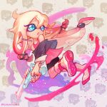  1girl black_shorts blonde_hair blue_eyes boots gun holding holding_gun holding_weapon ia_(vocaloid) kianamosser long_hair n-zap_(splatoon) patterned_background pink_shirt shirt shorts solo splatoon_(series) tentacle_hair vocaloid weapon white_footwear 