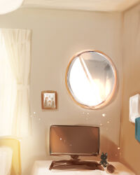  ace_trappola bedroom character_doll computer deuce_spade grim_(twisted_wonderland) indoors light_particles mirror no_humans still_life sunlight twisted_wonderland window yuu_(twisted_wonderland) yuuki_(yukko7474) 