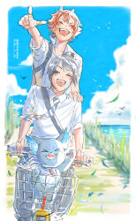  2boys ace_trappola bicycle bicycle_basket black_hair blue_sky closed_eyes clouds commentary_request deuce_spade falling_leaves grim_(twisted_wonderland) hand_on_another's_shoulder highres leaf male_focus multiple_boys open_mouth orange_hair outdoors pointing rice_paddy riding riding_bicycle school_uniform shirt short_hair sky twisted_wonderland white_shirt yuuki_(yukko7474) 
