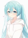  1girl :3 absurdres blue_eyes blue_hair blush commentary hatsune_miku heart highres hood hoodie long_hair looking_at_viewer smile solo twintails upper_body vocaloid white_background yomiya_yumeha 