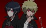  2boys ahoge alternate_costume alternate_eye_color antenna_hair ascot black_ascot black_cape black_hair cape closed_mouth cup danganronpa_(series) danganronpa_v3:_killing_harmony drinking_glass ear_piercing fang gem green_hair hair_between_eyes holding holding_cup jewelry layered_ascot male_focus messy_hair multiple_boys oma_kokichi piercing pointy_ears purple_vest red_background red_eyes red_vest ring saihara_shuichi short_hair smile suiren_yurei vampire vest wine_glass 