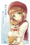  1girl animal beret blush bow bowtie braid brown_hair dog green_eyes hair_bobbles hair_ornament hat holding holding_animal ibuki_ena long_sleeves looking_at_viewer original plaid plaid_scarf scarf shiba_inu short_hair side_braid smile snowflakes solo sparkle traditional_bowtie translation_request 