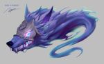  english_text from_side glowing glowing_eyes grey_background highres kim_ngoc kindred_(league_of_legends) league_of_legends mask no_humans open_mouth sharp_teeth signature simple_background solo spirit teeth violet_eyes wolf_(league_of_legends) 