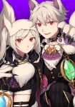  1boy 1girl animal_ears animal_hands closed_mouth collar commentary_request dragonstone fake_animal_ears fang fire_emblem fire_emblem_awakening fire_emblem_heroes fur_trim gem gloves grima_(fire_emblem) hair_between_eyes halloween halloween_costume highres intelligent_systems long_hair looking_at_viewer nintendo official_alternate_costume open_mouth paw_gloves peach11_01 purple_background red_eyes robin_(female)_(fire_emblem) robin_(female)_(halloween)_(fire_emblem) robin_(fire_emblem) robin_(male)_(fire_emblem) robin_(male)_(halloween)_(fire_emblem) short_hair simple_background smile super_smash_bros. swept_bangs twins twintails white_hair wolf_ears 