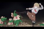  1girl alligator_kick_(meme) blonde_hair feelsgoodmmm fighting_stance hair_ornament highres hololive hololive_english in_the_face investigator_(amelia_watson) kicking meme necktie plaid plaid_skirt shirt short_hair skirt thigh-highs virtual_youtuber watson_amelia wetland white_shirt 