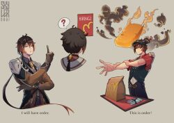  1boy ? artist_name bag black_gloves black_hat black_pants black_vest brown_coat brown_hair coat english_commentary genshin_impact gloves hash_browns hat highres long_hair mcdonald&#039;s meme pants paper_bag ponytail red_shirt shirt skyler speech_bubble spoken_question_mark very_long_hair vest visor_cap zhongli_(genshin_impact) 