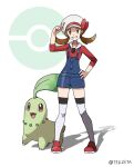  1girl absurdres blue_overalls bow brown_eyes brown_hair cabbie_hat chikorita hand_on_own_hip hat hat_bow highres looking_at_viewer lyra_(pokemon) overalls pokemon pokemon_(creature) pokemon_(game) pokemon_hgss red_bow red_footwear red_shirt shirt sleeves_past_elbows smile teeth tellzeta thigh-highs twintails white_headwear 