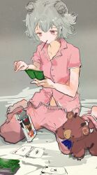  1girl absurdres barefoot card card_game cevio double_bun food food_in_mouth foot_out_of_frame grey_hair hair_bun highres holding holding_card kabuyama_kaigi koharu_rikka lakiston looking_at_object looking_down midriff_peek pajamas pants pink_eyes pink_pajamas pink_pants pink_shirt playing_card playing_games pocky pocky_in_mouth shirt short_hair short_sleeves sitting solo stuffed_animal stuffed_toy synthesizer_v teddy_bear wariza 