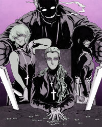  2boys 2girls alexander_anderson black_hair blonde_hair christianity cross cross_necklace enrico_maxwell gloves heinkel_wolfe hellsing highres jewelry latin_cross multiple_boys multiple_girls necklace sitting sword takagi_yumie weapon 