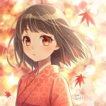  1girl autumn_leaves blurry blush bokeh brown_hair depth_of_field ibuki_ena japanese_clothes kimono leaf looking_at_viewer maple_leaf orange_eyes original parted_lips short_hair solo upper_body wind 