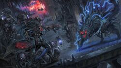  1boy absurdres armor artificial_eye battle bird black_bird blood blood_on_weapon bloodborne bolter boots candle chain_axe clock clock_tower coat commentary crossover crow electricity english_commentary fingernails gloves glowing glowing_eyes glowing_mouth gorget gun hat highres holding holding_scroll holding_weapon horns hunter_(bloodborne) inquisition_(warhammer) lantern marton_kapoli mask mechanical_eye messengers_(bloodborne) monster moon mouth_mask multiple_horns purity_seal red_eyes red_moon saw saw_cleaver scroll sharp_fingernails sharp_teeth shoulder_armor skull skull_ornament spacecraft syringe teeth tesla_coil tower tricorne tube warhammer_40k weapon white_hair yharnam 