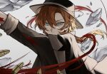  1boy arm_up black_headwear black_jacket black_shirt blood blue_eyes bullet bungou_stray_dogs debris fedora hat highres jacket jacket_on_shoulders lie_nnn long_hair looking_at_viewer male_focus nakahara_chuuya orange_hair shirt sleeves_rolled_up solo tsurime upper_body white_background 