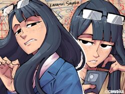  1girl artist_name black_eyes black_hair blazer blue_jacket blunt_bangs brown_background brown_shirt casual cellphone close-up collared_shirt commentary copyright_notice curled_fingers dress_shirt eizouken_ni_wa_te_wo_dasu_na! empty_eyes eyewear_on_head freckles from_below glasses grimace hand_up highres holding holding_phone jacket kanamori_sayaka lined_paper long_hair looking_at_viewer looking_down loyal_cloud multiple_views narrowed_eyes nose over-rim_eyewear parted_lips phone portrait rectangular_eyewear romaji_commentary romaji_text sanpaku school_uniform scribble semi-rimless_eyewear shibahama_high_school_uniform shirt smartphone solo_focus sparkle t-shirt teeth upper_body white_shirt 