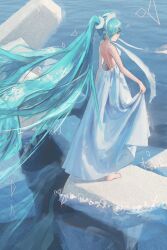  1girl airfish_(lefko_d) bare_back bare_shoulders barefoot blue_eyes blue_hair clothes_lift dress dress_lift from_behind full_body hair_ornament hatsune_miku highres long_hair looking_to_the_side ocean rock scribble vocaloid white_dress 