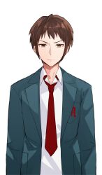  1boy absurdres blazer breast_pocket brown_eyes brown_hair closed_mouth collared_shirt commentary_request green_jacket highres hutuu_(1121) jacket kita_high_school_uniform kyon looking_at_viewer male_focus necktie open_clothes open_jacket pocket red_necktie school_emblem school_uniform second-party_source serious shirt short_hair simple_background solo standing suzumiya_haruhi_no_yuuutsu upper_body white_background white_shirt winter_uniform 