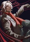  1boy absurdres antonio_salieri_(fate) antonio_salieri_(second_ascension)_(fate) ascot clenched_teeth fate/grand_order fate_(series) from_side grey_hair hair_between_eyes haruakira highres jacket long_sleeves looking_at_viewer male_focus mature_male outstretched_arms red_ascot red_eyes short_hair solo spread_arms striped striped_jacket teeth upper_body vertical-striped_jacket vertical_stripes 