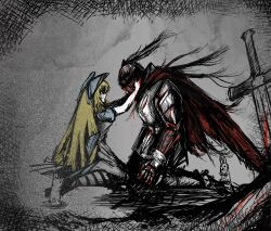  1boy 1girl alice_(black_souls) apron armor black_souls blonde_hair blood blood_on_armor blood_on_hands blue_dress blue_ribbon breasts cape dress from_side full_armor gauntlets grey_background grimm_(black_souls) hair_ribbon hand_on_another&#039;s_cheek hand_on_another&#039;s_face helmet highres kneeling long_hair looking_at_another looking_down medium_breasts pantyhose rabbit ribbon short_sleeves striped_clothes striped_pantyhose sword torn_cape torn_clothes user_fknv3457 violet_eyes weapon white_apron 