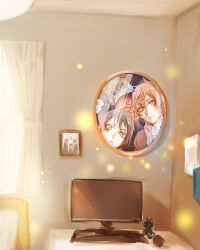  2boys ace_trappola aqua_eyes bedroom brown_hair character_doll computer creature deuce_spade grim_(twisted_wonderland) indoors light_particles looking_at_viewer male_focus mirror multiple_boys orange_eyes orange_hair short_hair sunlight twisted_wonderland window yuu_(twisted_wonderland) yuuki_(yukko7474) 