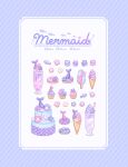  ari_(oonmnmooo) blue_border border cake commentary cookie cup cupcake doughnut drinking_glass drinking_straw english_text food food_art food_focus gem highres ice_cream ice_cream_cone layer_cake macaron milkshake original pearl_(gemstone) popsicle scales seashell shell soft_serve starfish still_life striped_border symbol-only_commentary white_background 