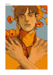  1boy asphyxiation border brown_eyes brown_hair commentary edogai_yasaku english_commentary golden_kamuy highres looking_at_viewer male_focus naruysae orange_theme parted_lips scar scar_on_face short_hair solo stitched_arm stitches upper_body white_border 