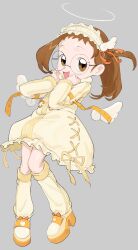  1girl :d brown_eyes brown_hair dress eyelashes forehead fujiwara_hazuki glasses grey_background halo headdress highres magical_girl ojamajo_doremi round_eyewear simple_background smile spry 