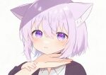  1girl 1other :3 absurdres animal_ears blush cat_ears cat_girl choker collared_shirt hand_on_another&#039;s_arm hand_on_another&#039;s_chin highres hololive long_sleeves looking_at_viewer nekomata_okayu purple_hair shirt short_hair smile solo upper_body violet_eyes virtual_youtuber yomiya_yumeha 