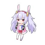  1girl ame. animal_ears azur_lane blush_stickers bottle camisole chibi closed_mouth commentary_request fake_animal_ears full_body fur-trimmed_jacket fur-trimmed_sleeves fur_trim grey_hair hair_between_eyes hairband highres holding holding_bottle jacket laffey_(azur_lane) long_hair long_sleeves off_shoulder open_clothes open_jacket pink_jacket rabbit_ears red_eyes red_footwear red_hairband shoes solo standing thigh-highs twintails very_long_hair white_camisole white_thighhighs 