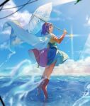  1girl blue_hair blue_sky boots cape clouds commentary_request from_side full_body high_heels highres holding holding_umbrella long_sleeves maisuiren multicolored_clothes multicolored_hairband outdoors short_hair sky solo tenkyuu_chimata touhou umbrella white_cape 