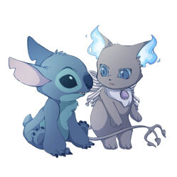  blue_eyes blue_sclera colored_sclera creature full_body grim_(twisted_wonderland) highres kinoko_gamu lilo_&amp;_stitch looking_at_another no_humans simple_background stitch_(lilo_&amp;_stitch) twisted_wonderland white_background 