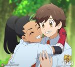  1boy 1girl absurdres ahoge alternate_hairstyle black_hair blush brown_hair commission dark_skin florian_(pokemon) hand_on_another&#039;s_arm hetero highres hug instagram_logo instagram_username mixed-language_commentary nemona_(pokemon) pok3d pokemon pokemon_(game) pokemon_sv ponytail school_uniform second-party_source smile yellow_eyes 