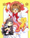  2girls absurdres bow brown_hair cardcaptor_sakura child daidouji_tomoyo gloves green_eyes highres kero kinomoto_sakura magical_girl multiple_girls open_mouth red_bow sailor_collar school_uniform short_hair skirt star_(symbol) tomoeda_elementary_school_uniform video_camera white_gloves white_sailor_collar white_skirt wings 