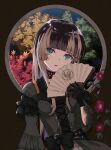  1girl autumn_leaves black_dress black_hair blue_eyes brown_hair choker corset dress frilled_dress frills gothic_lolita hand_fan hololive juufuutei_raden lace lace_choker lolita_fashion multicolored_hair nobume plant red_lips solo two-tone_hair vines virtual_youtuber 