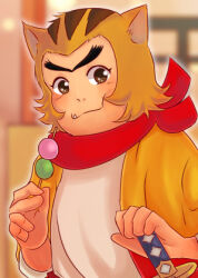  1boy bakemono_no_ko brown_hair chewing commentary_request dango fang fang_out food furry furry_male holding holding_food holding_toy jiroumaru_(bakemono_no_ko) looking_at_viewer lowres male_focus neckerchief red_neckerchief scarf skewer smile toy toy_sword tureture unibrow wagashi yellow_happi 