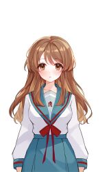  1girl :o absurdres asahina_mikuru blue_sailor_collar blue_skirt breasts brown_eyes brown_hair collarbone commentary_request highres hutuu_(1121) kita_high_school_uniform long_hair long_sleeves looking_at_viewer parted_lips pleated_skirt red_ribbon ribbon sailor_collar school_emblem school_uniform second-party_source serafuku shirt simple_background skirt solo standing suzumiya_haruhi_no_yuuutsu white_background white_shirt winter_uniform 