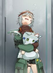  1girl animal_ear_fluff animal_ears bandana black_shorts blush_stickers brown_eyes bubble cat-shaped_pillow cat_ears character_pillow commentary cowboy_shot english_commentary g11_(girls'_frontline) girls'_frontline_2:_exilium girls_frontline green_jacket grey_hair highres hk416_(girls'_frontline) hugging_object jacket looking_up mechty_(girls'_frontline_2) mogpan one_eye_closed open_clothes open_jacket open_mouth pillow pillow_hug red_bandana saliva short_hair short_shorts shorts solo 