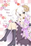  1girl 2015 artist_name black_eyes blush boots checkered_background chinese_zodiac cross-laced_footwear dress frilled_dress frilled_sleeves frills happy_new_year high_heel_boots high_heels holding holding_stuffed_toy horns hugging_doll hugging_object ibuki_ena japanese_clothes knees_up lace-up_boots lolita_fashion long_hair long_sleeves looking_at_viewer new_year original pearl_hair_ornament sheep sheep_girl sheep_horns sitting smile solo stuffed_animal stuffed_sheep stuffed_toy wa_lolita white_hair year_of_the_goat 