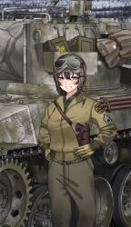  1girl ammunition_box battle_of_the_bulge blue_eyes brown_hair brown_pants collared_shirt commission english_commentary goggles goggles_on_head green_jacket green_shirt grin gun hair_between_eyes handgun hands_on_own_hips helmet highres holster jacket keiita looking_at_viewer m18_hellcat m1911 military military_rank_insignia military_uniform military_vehicle motor_vehicle original pants shirt shoulder_holster siege_of_bastogne smile tank weapon world_war_ii 