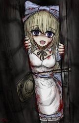  1girl :d alice_(black_souls) apron black_souls black_souls_2 blonde_hair blood blood_on_clothes blue_dress blue_eyes blue_ribbon breasts crazy_eyes detached_collar doorway dress highres jiejiang_salty long_hair looking_at_viewer medium_breasts opening_door pantyhose pov_doorway ribbon sidelocks smile solo striped_clothes striped_pantyhose very_long_hair white_apron wide-eyed 