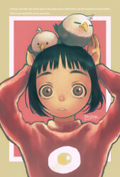  1girl animal_on_head bird bird_on_head black_hair brown_eyes chinese_zodiac commentary_request english_text highres looking_at_viewer nengajou new_year on_head original parted_lips short_hair solo sweater upper_body year_of_the_rooster yutazo_028 
