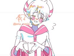  1boy beret black_shirt blush_stickers buttons commentary_request flying_sweatdrops hair_between_eyes hat heart heart_hands horizontal-striped_sleeve_cuffs layered_sleeves long_sleeves magical_boy male_focus open_mouth paru_rari precure red_sailor_collar red_sleeve_cuffs robe sailor_collar shirt short_hair signature simple_background smile solo toyama_satoru turtleneck turtleneck_shirt twitter_username upper_body white_background white_hair white_hat white_robe wonderful_precure! 