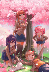 2020 4girls ^_^ argyle_clothes argyle_vest artist_name black_thighhighs blazer blue_shoes blue_skirt blue_sky blunt_bangs bow breasts brown_hair brown_vest buttons cherry_blossoms closed_eyes closed_mouth collared_jacket collared_shirt commentary_request copyright_notice cowboy_shot day doki_doki_literature_club doki_doki_literature_club_school_uniform dot_nose english_commentary eyelashes falling_petals fang feet_out_of_frame forest full_body furrowed_brow grass green_eyes grey_jacket hair_bow hair_intakes hair_ornament hair_ribbon hairclip hanami happy jacket klaeia kneehighs kneeling lapels large_breasts layered_sleeves leaning_forward long_hair long_sidelocks long_sleeves looking_at_another lying mary_janes miniskirt mixed-language_commentary monika_(doki_doki_literature_club) multicolored_shoes multiple_girls natsuki_(doki_doki_literature_club) nature neck_ribbon notched_lapels on_back open_mouth outdoors outstretched_arms over-kneehighs petals pink_eyes pink_hair pleated_skirt ponytail purple_hair reading red_bow red_ribbon ribbon sayori_(doki_doki_literature_club) school_uniform shade shirt shoes short_hair sidelocks skin_fang skirt sky smile socks spring_(season) standing straight_hair sweater_vest swept_bangs teeth thigh-highs tree tress_ribbon two-tone_shoes two_side_up under_tree upper_teeth_only very_long_hair vest violet_eyes white_bow white_shirt white_shoes white_socks yuri_(doki_doki_literature_club) zettai_ryouiki